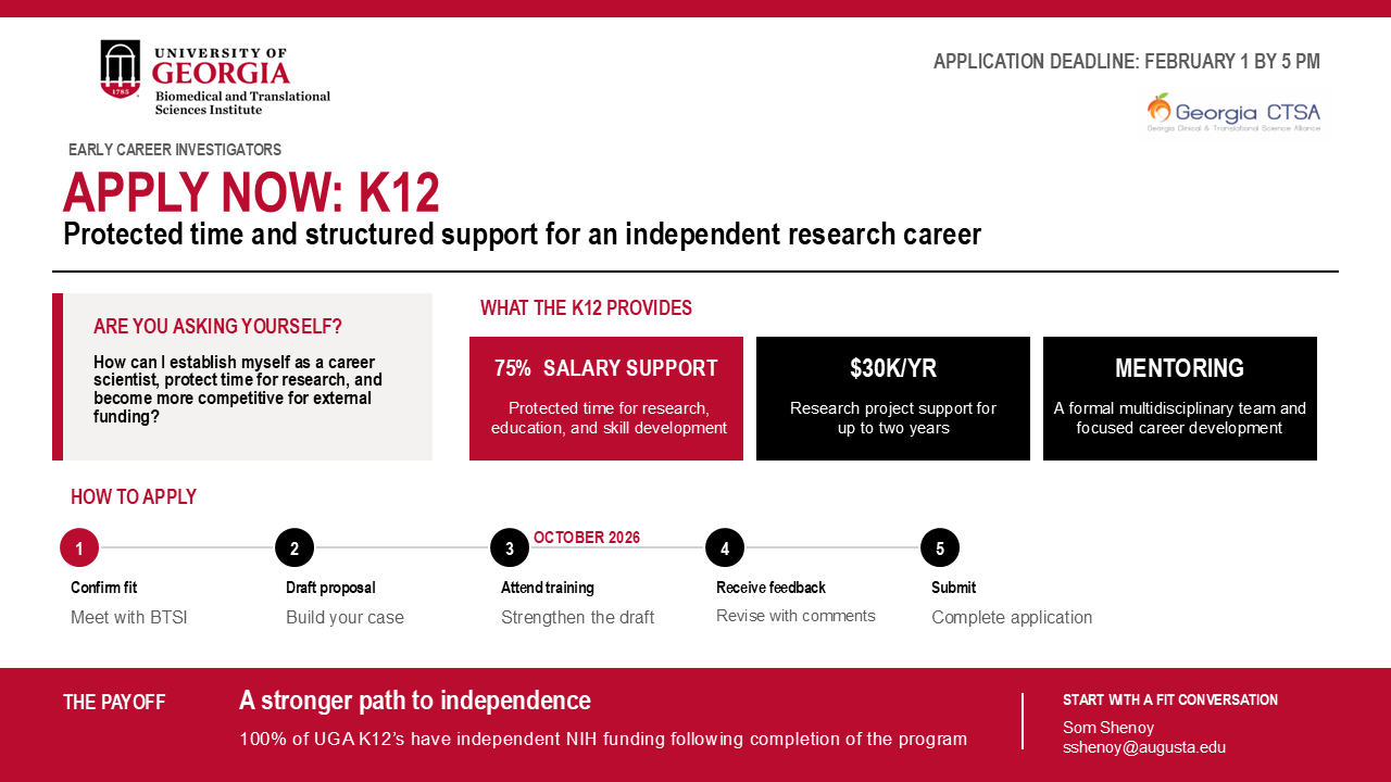 Informational flyer for University of Georgia research funding: 75% salary support, $30K per year, mentoring, and application steps for early career investigators in K12 program.