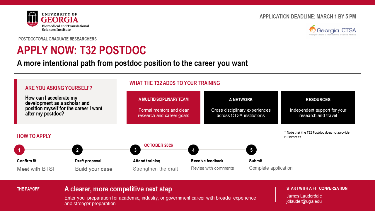 University of Georgia T32 postdoc application announcement with steps, benefits, and contact info; deadline is March 1 by 5 PM.