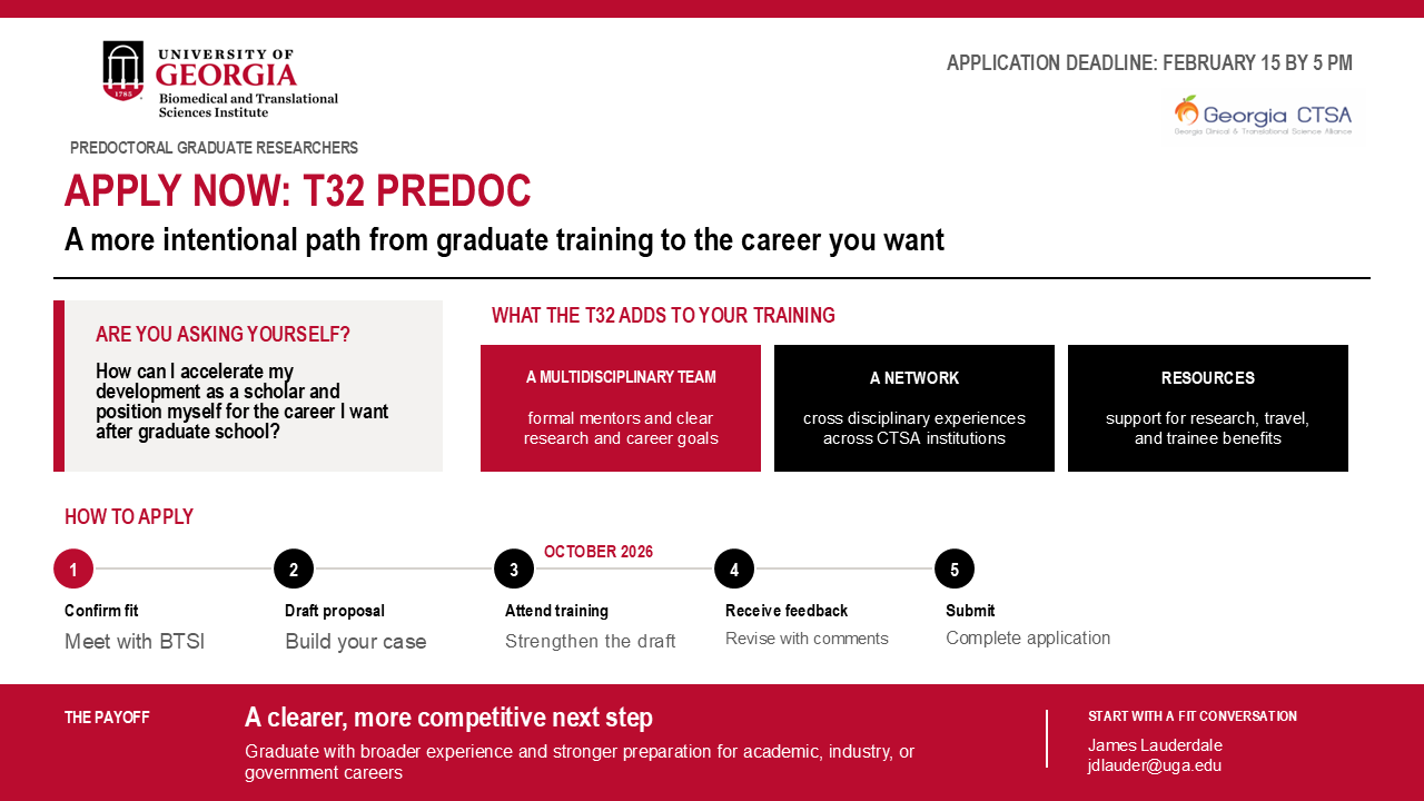 Informational graphic for the UGA T32 Predoc program, covering application steps, benefits, deadlines, and contact information for graduate research career development.